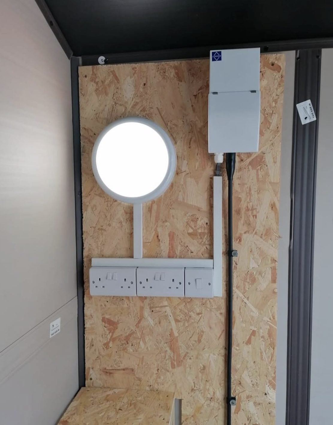 Sockets, light and a small consumer unit fitted in a garden room
